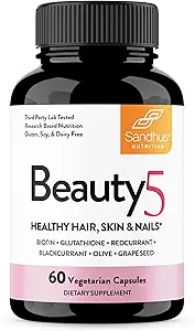 Sandhu's Beauty5 Capsules|60 Capsule Vegetariani| 30 Servings|Skincare Supplement| Supplemento per Capelli, Pelle & Nail- Supporti Collagen Sintesi| Keto & Vegan Friendly
