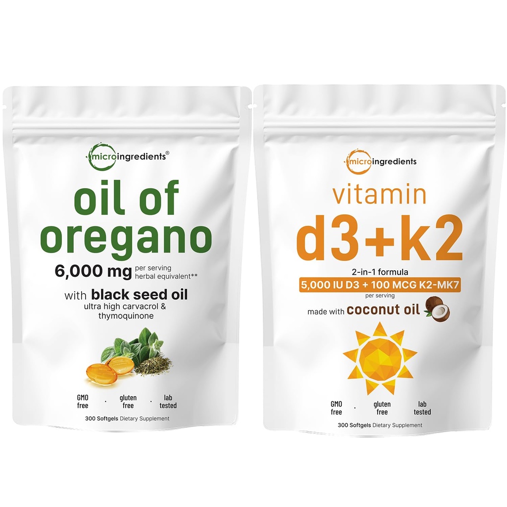 Micro Ingredients Öl von Oregano Softgels 6,000mg pro Servieren & Vitamin D3 5000 IU Plus K2 (MK-7) 100 mcg, 300 Virgin Coconut Oil Softgels Bundle Pack | 4X Strength Carvacrol & Thymoquinon | Essential