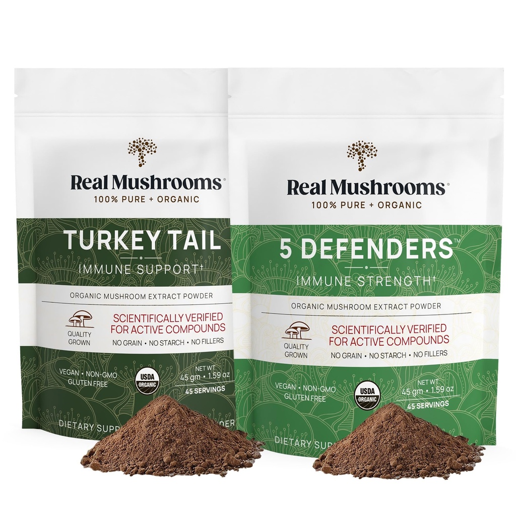 Real Mushrooms Turkey Tail (45g) et 5 Defenders (45g) Mushroom Extract Powder Bundle - Supplément de Champignon pour Immune Strength - Vegan, Supplément d'immunité non-OGM