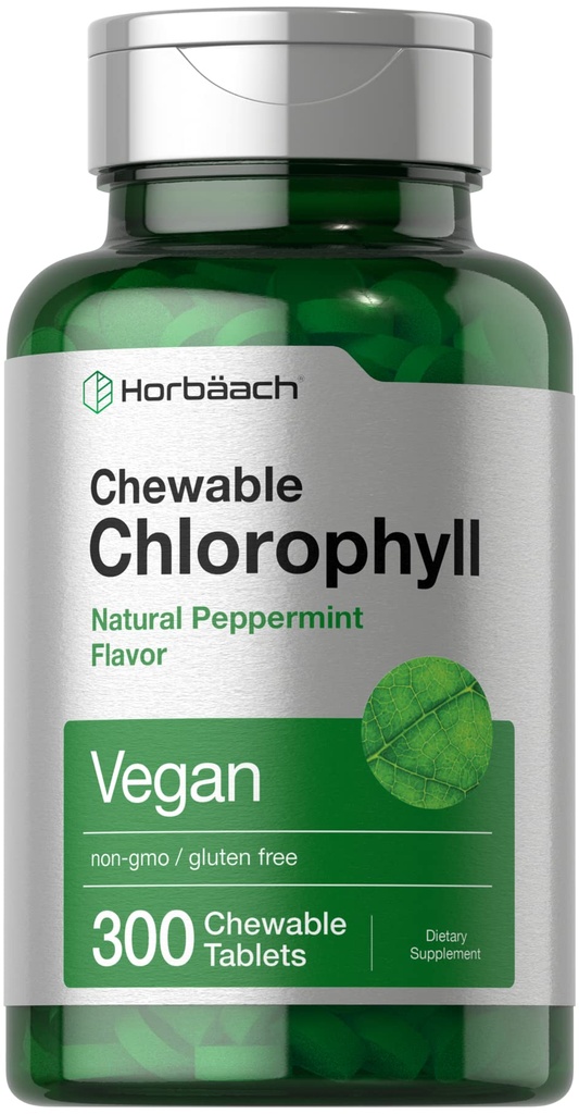 Horbäach Chlorophyll Pillen | 300 Kautabletten | Natürliche Pfefferminz Geschmack | Vegan, Non-GMO & Gluten Kostenlose Ergänzung