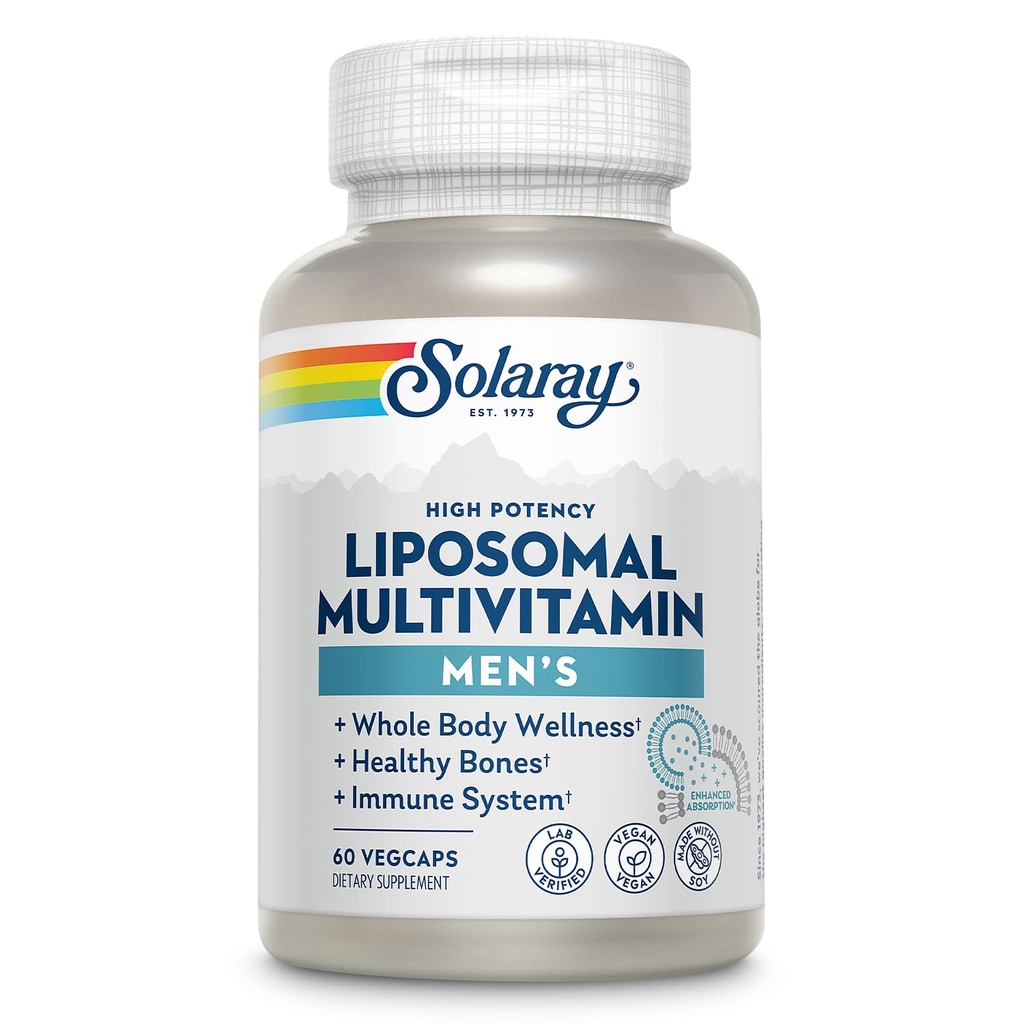 SOLARAY Liposomal Multivitamin für Männer, Enhanced Absorption Immune, Energy & Bone Unterstützung, Mens Daily Multi Vitamin, BCAA’s, Vitamin D3, C, B12, Zink, Vegan, Soy Free, 30 Servietten, 60 VegCaps