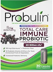 Probulin Total Care Immune = Prebiotici + Probiotici + Postbiotici + Elderberry per sostenere Immune & Gut Health - 20 miliardi di CFU - 10 Probiotici Strains, 30 Vegan Capsule