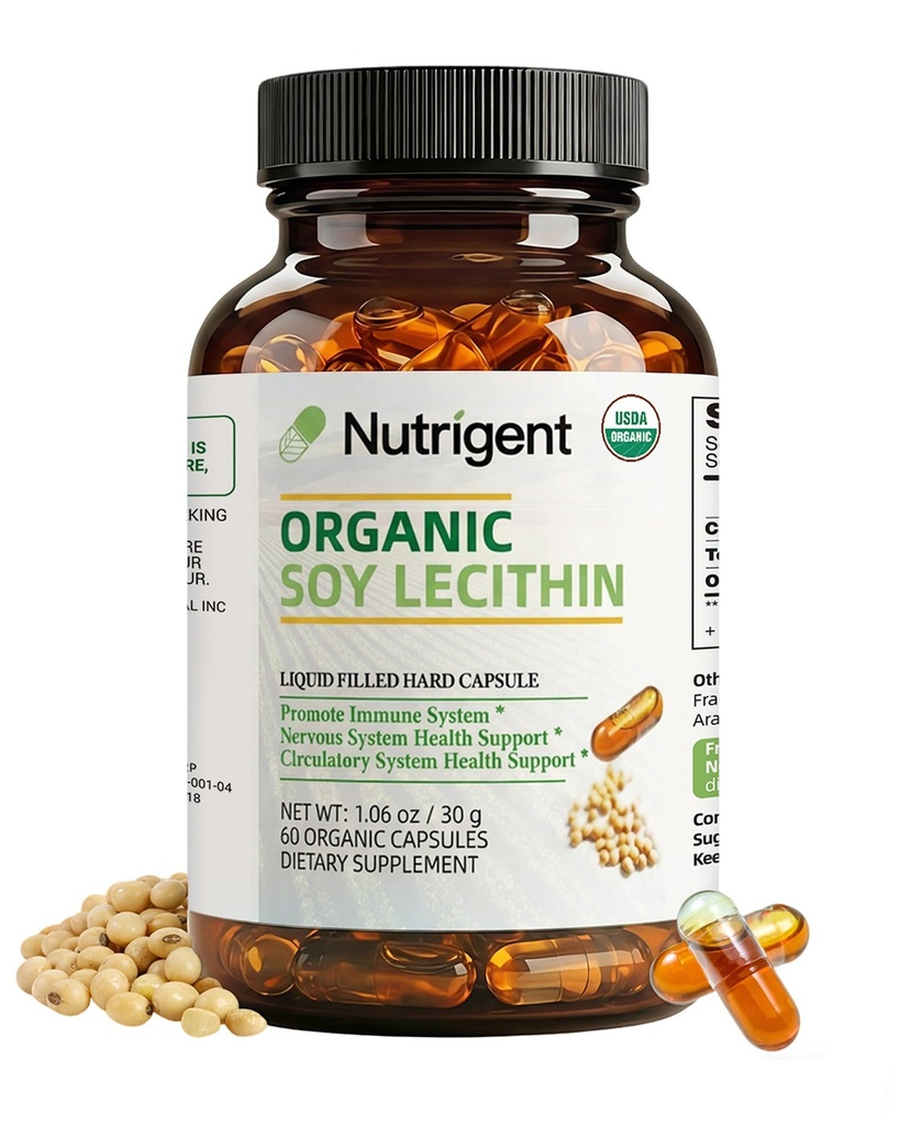 USDA Organic Soy Lecithin Supplement 800 mg, High Absorption Liquid Organic Capsules, Choline Lecithin Supplement für Brain & Liver Health Support, Non-GMO, Gluten Free, 60 Count
