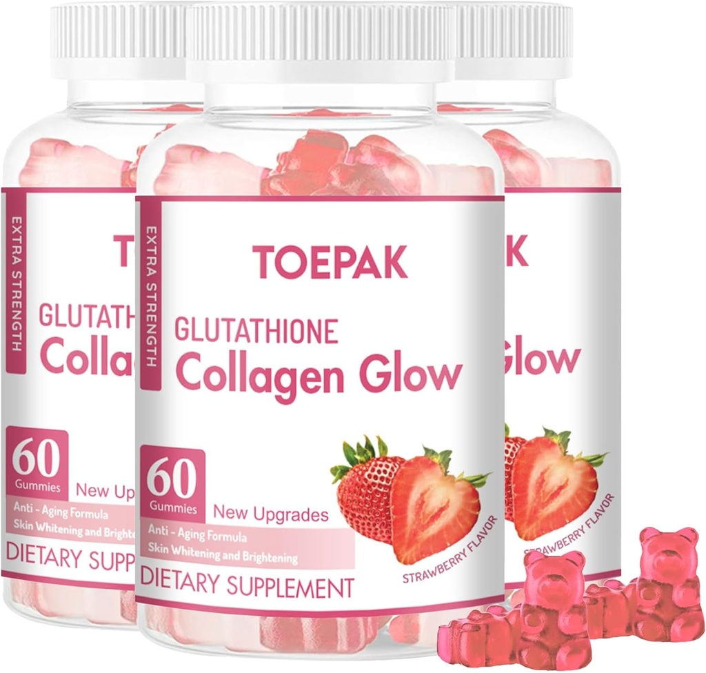 Multi Collagène Protein Glow Beauté Collagène Gommies, le soutien anti-âge des femmes avec le glutathion, la biotine et les multivitamines, favorise la santé de la peau et des cheveux, fraise, 180 Gommies (90 jours)