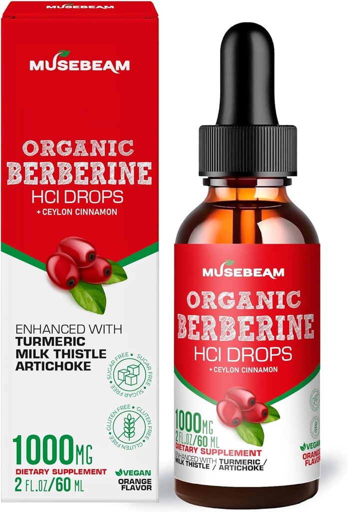 Organic Berberina HCl 1000mg Gocce liquide - con Ceylon Cinnamon Latte Turmerica Thistle Artichoke - High Biodisponibilità Supplemento per Uomo Donne - Vegan Sugar Free Gluten Free 2fl. oz (60ml)