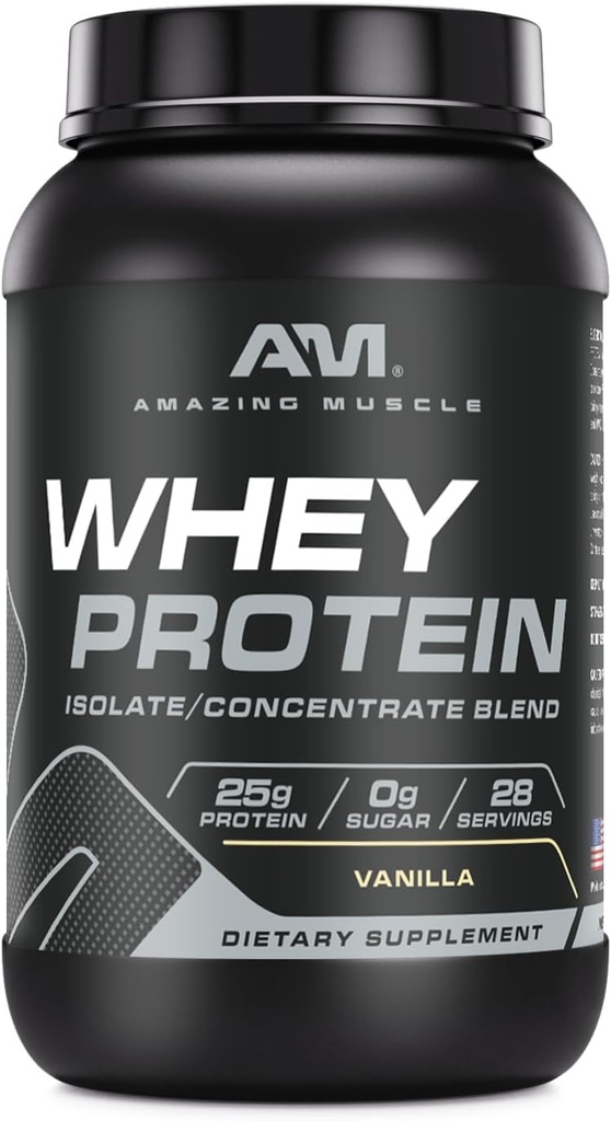Amazing Muscle 100% Whey Protein Powder *Advanced Formula with Whey Protein Isolate as a Primary Ingredient Together with Ultragefiltertes Whey Protein Konzentrat (Vanilla, 2 lb)