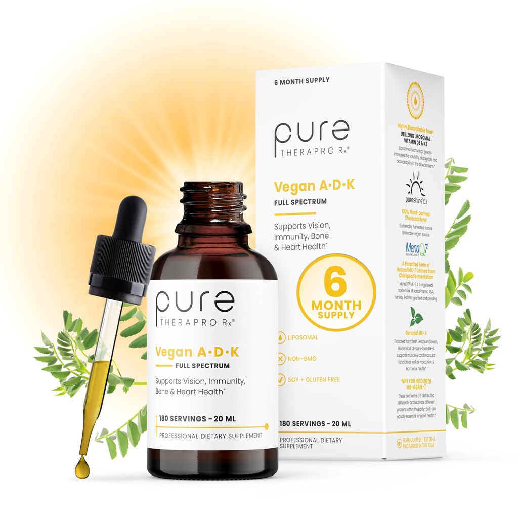 Pure TheraPro Rx Vegan A-D-K Drops-6 Mon Supply-Vitamin A(Palmitate & Betacarotene),Liposomal Vitamin D3(come colecalcifero vegano),Liposomal Vitamin K2(MK-4 & MK-7) Supporta Immunity & Bone Health-20mL