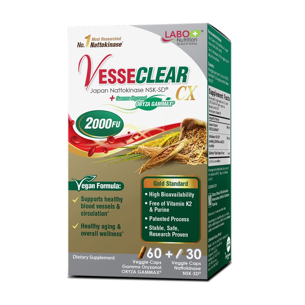 LABO Nutrition VesseCLEAR CX: Nattokinase NSK-SD + Gamma Oryzanol for Clean Blood Vessel & Healthy Ageing, Japan's Most Clinical Studyd, Support Healthy Cholesterol, Heart, Vegan, Acid-Resistant
