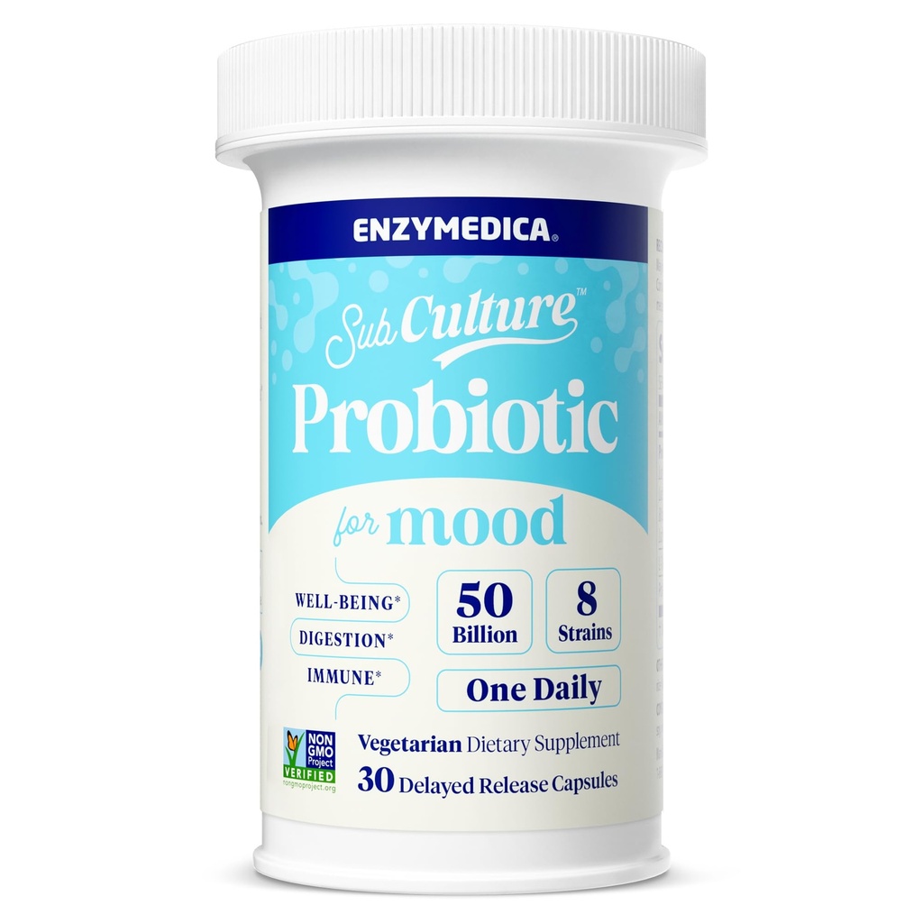 Enzymedica SubCulture Probiotics for Mood, Stress, & Sleep, 50 miliardi di CFU, promuove il rilassamento, Immune + Salute Digestiva & Regolarità, 30 Conte