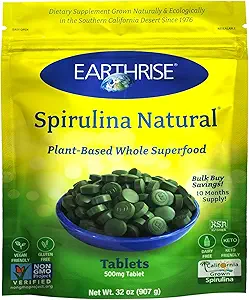 Spiruline terrienne, Spiruline pure californienne 500 mg, Végétalienne, Sans gluten, Céto Friendly, Non-OGM Super nourriture riche en vitamines et minéraux, Comprimés 2LB (300 portions)