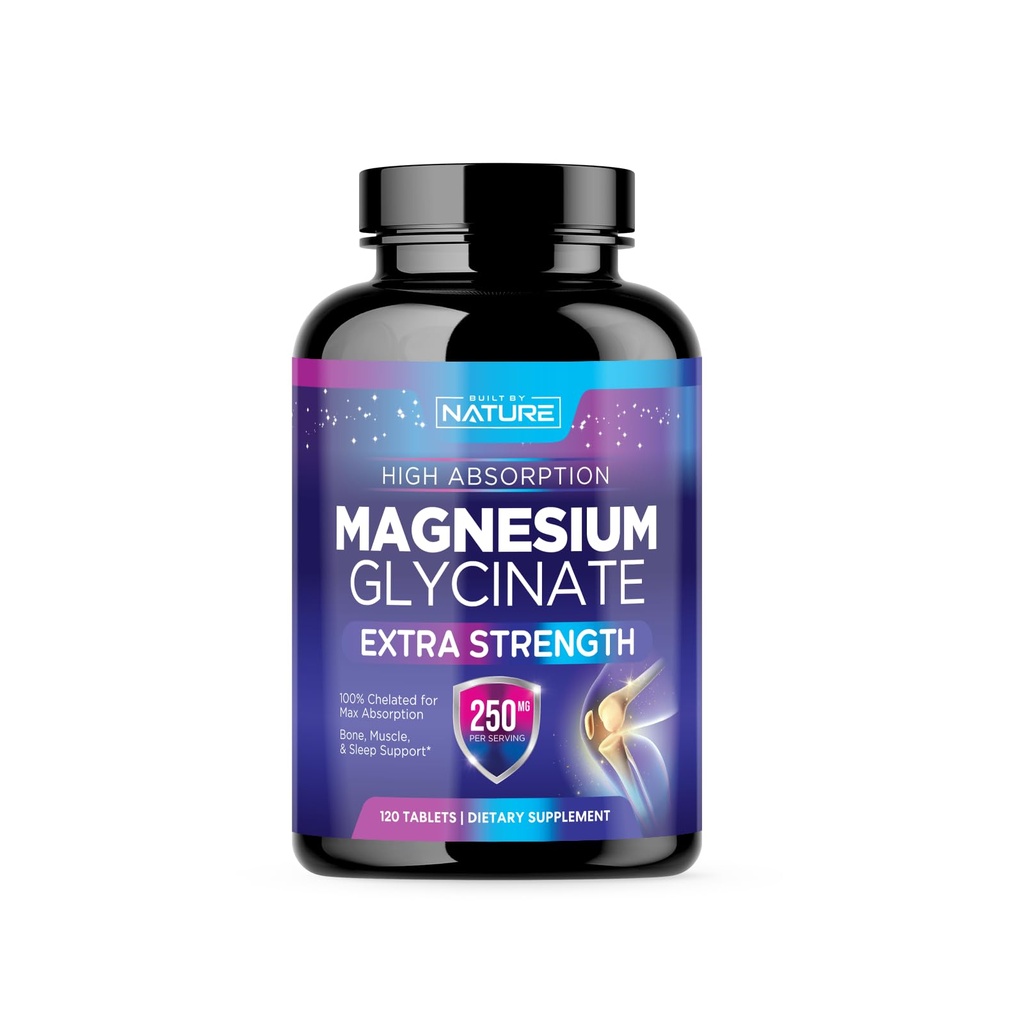 Magnesio Glycinate 250mg - Alto assorbimento Chelato Magnesio Supplemento - 100% Magnesio Puro Glycinate - Stress, Sonno, Cuore e Muscolo Salute Supporto - Non-GMO, Vegan, Gluten-Free (120 compresse)