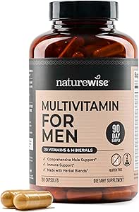 Multivitamine NatureWise pour hommes - Soutien quotidien masculin - Minéraux et herbes pour l'énergie, la performance, l'immunité - avec vitamine A, C, D, B-Complex - Sans soja et sans gluten, sans OGM - 180 capsules[3-Mois]