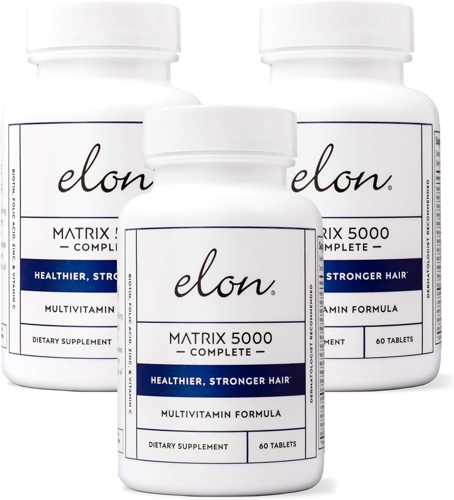 Elon Matrix 5000 Multivitaminico completo — Vitamine di crescita della pelle, dei capelli e delle unghie — Vitamine di crescita dei capelli sani per le donne e gli uomini — Supplemento della biotina di 5000Mcg, Confezione di 3 (180 giorni di alimentazione)