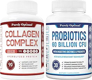 Capsules de Peptides Multi Collagène Purely Optimal Premium (Types I, II, III, V, X) + Probiotiques Premium 60 Million CFU avec Prébiotiques organiques et enzymes digestives