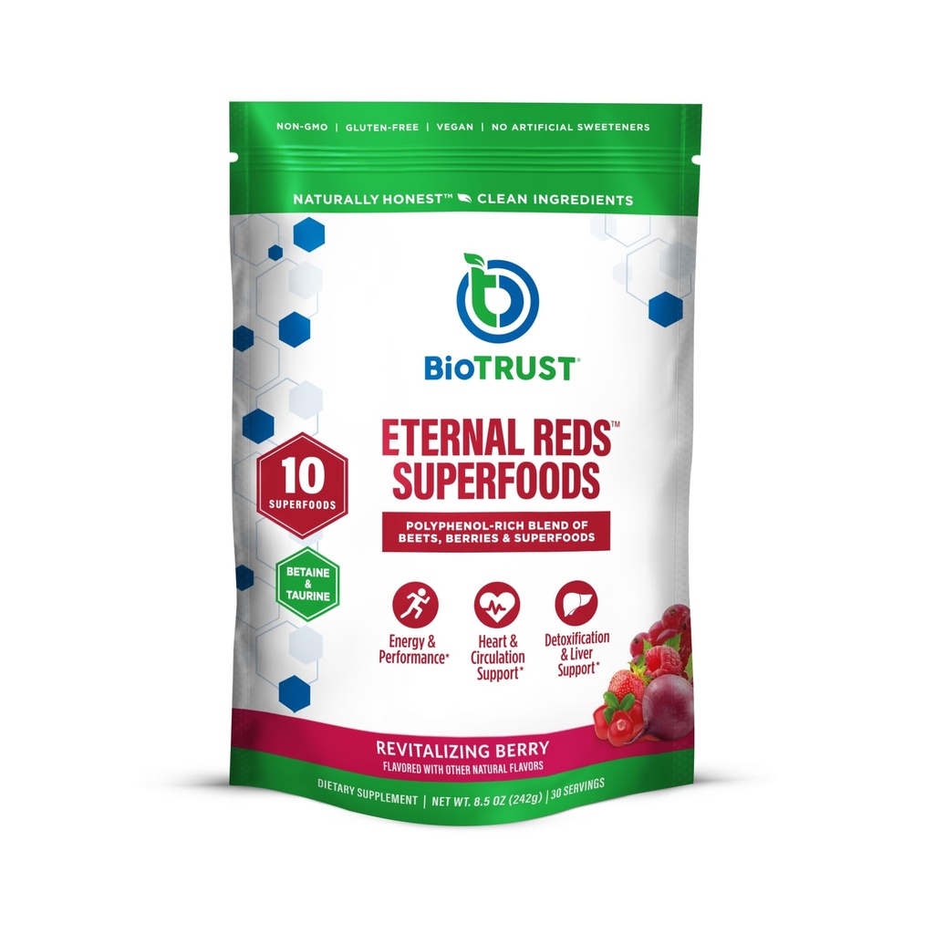 BioTrust Eternal Reds, Red Superfoods Pulver, Unterstützung für Herzgesundheit und Zirkulation, Energie, Stamina, kein hinzugefügter Zucker oder Koffein, Natürlich aromatisiert und gesüßt, Berry Flavor (30 Portionen)