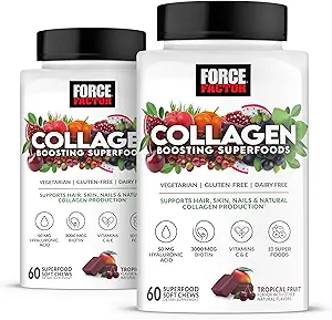 FORCE FACTOR Collagen Boosting Superfoods, Vegan Collagen Booster per le donne, Con Biotina, Acido ialuronico e Vitamina C, Per capelli, Pelle, Unghie, & Joint Support, Frutta tropicale, 120 Soft Chews, 2-Pack