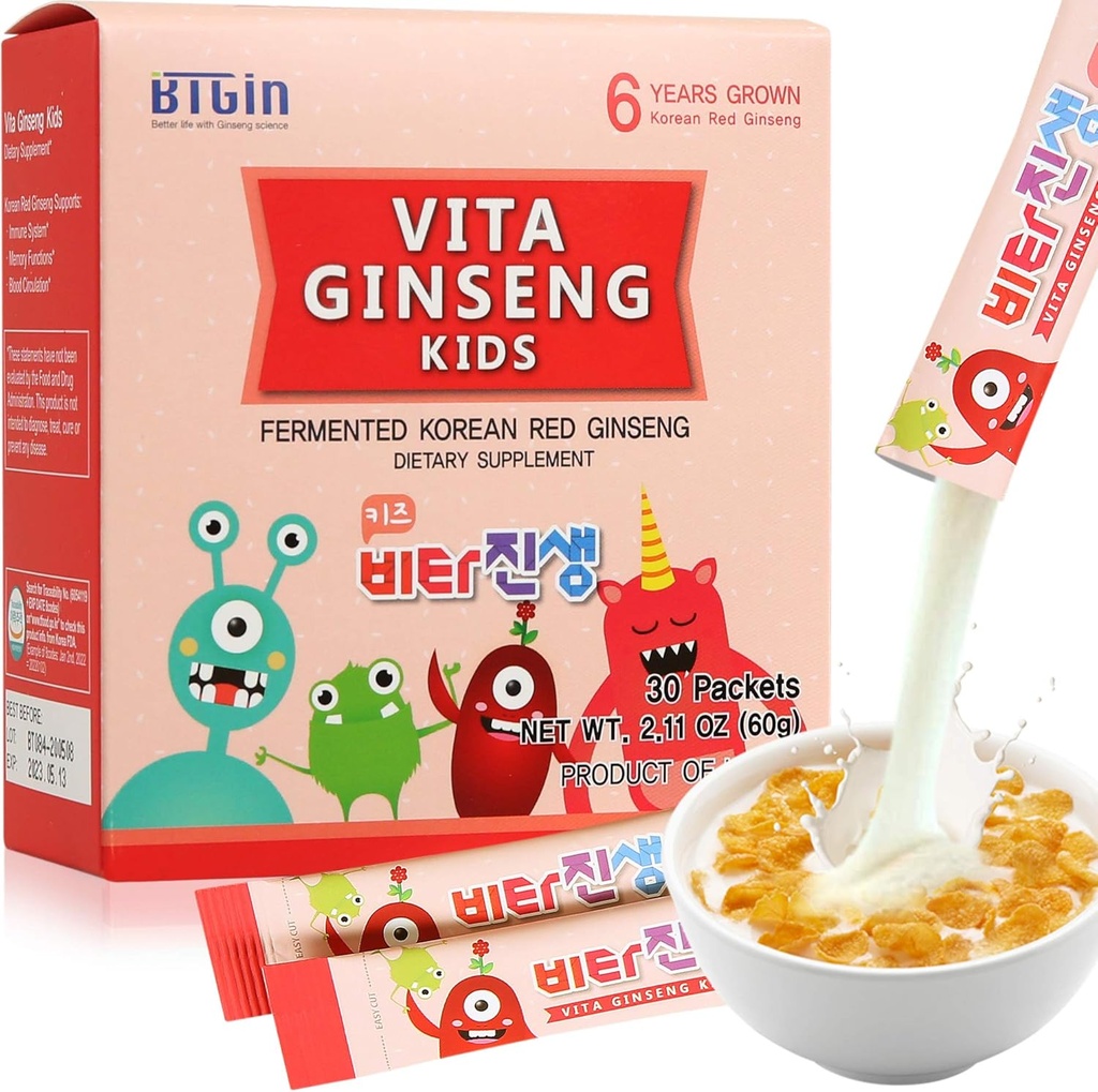 Vita Ginseng Kids, Vitamin D, Zink, 7 Beeren, Banana, 20 Gemüse, Milchpulver für Immununterstützung, Fokus und Gedächtnis Boost, 30 Packungen (1Set)