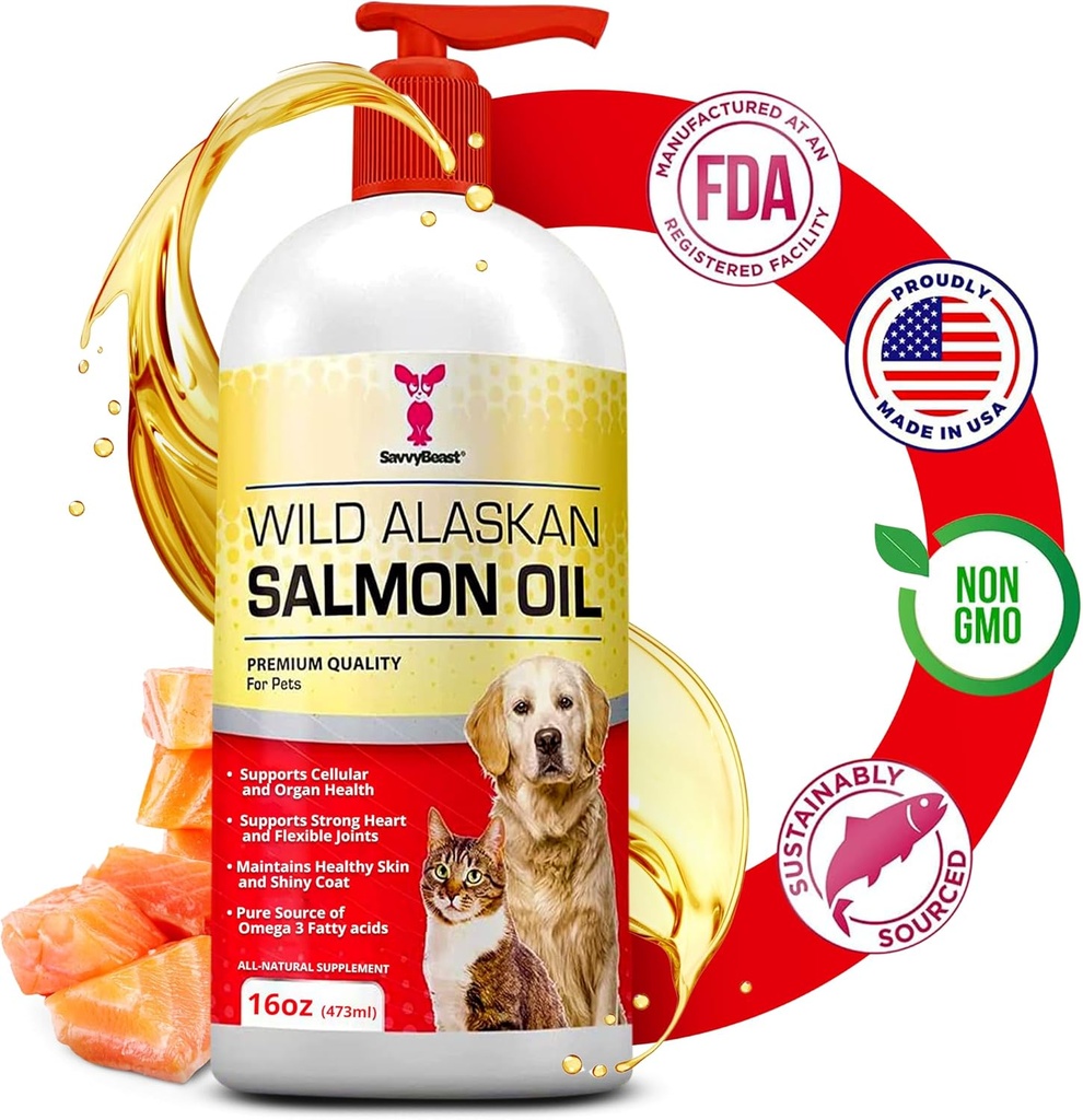 SavvyBeast Wild Alaskan Lachsöl für Hunde, Katzen & Fähren – Omega-3 Fish Oil Pet Supplement mit EPA & DHA – Unterstützt Haut, Mantel, Gelenke, Herz, Gehirn, Itch Relief & Immune – Unscented – 16 oz