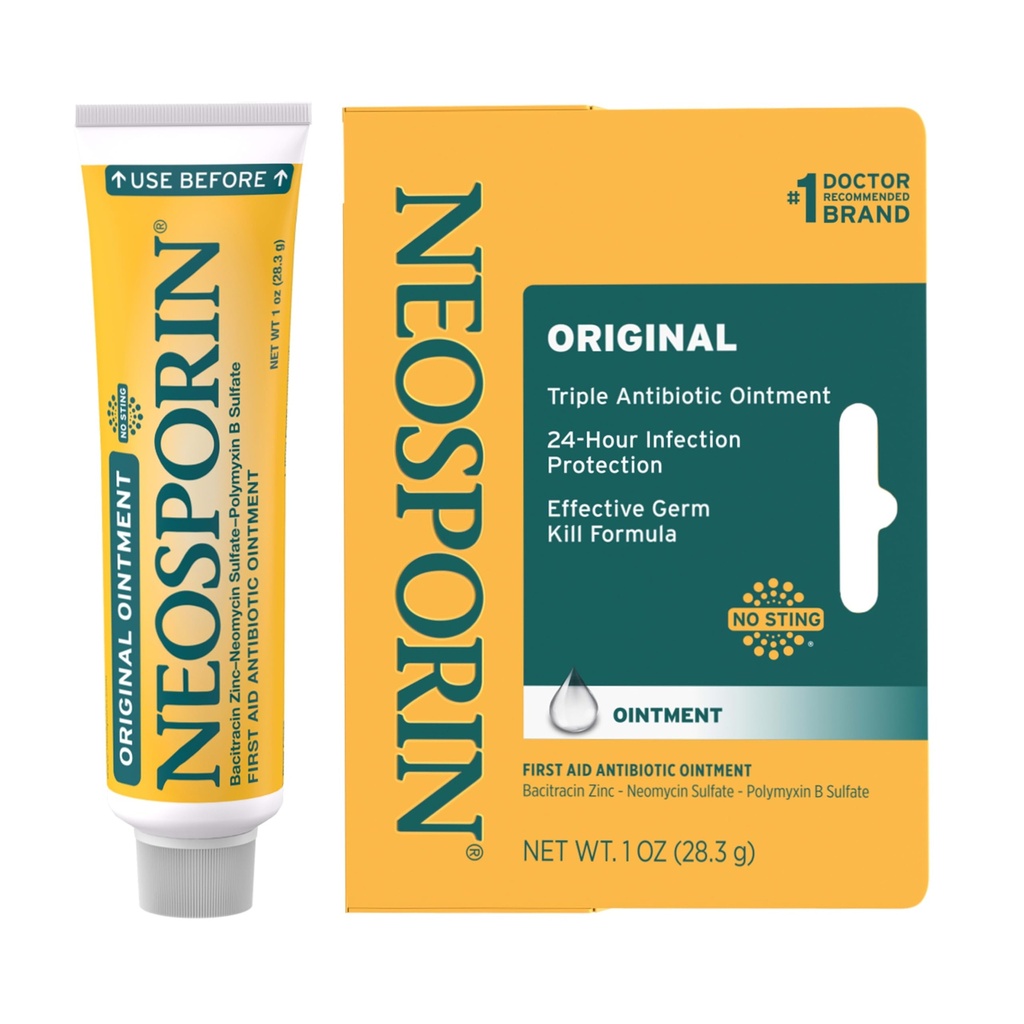 Neosporin Premiers soins d'origine Triple onguent antibiotique, Bacitracine Zinc & Neomycin Sulfate Protection, soin des plaies Traitement et apparence de la cicatrice Minimisateur pour les coupures, scorpes et brûlures mineures, 1 oz