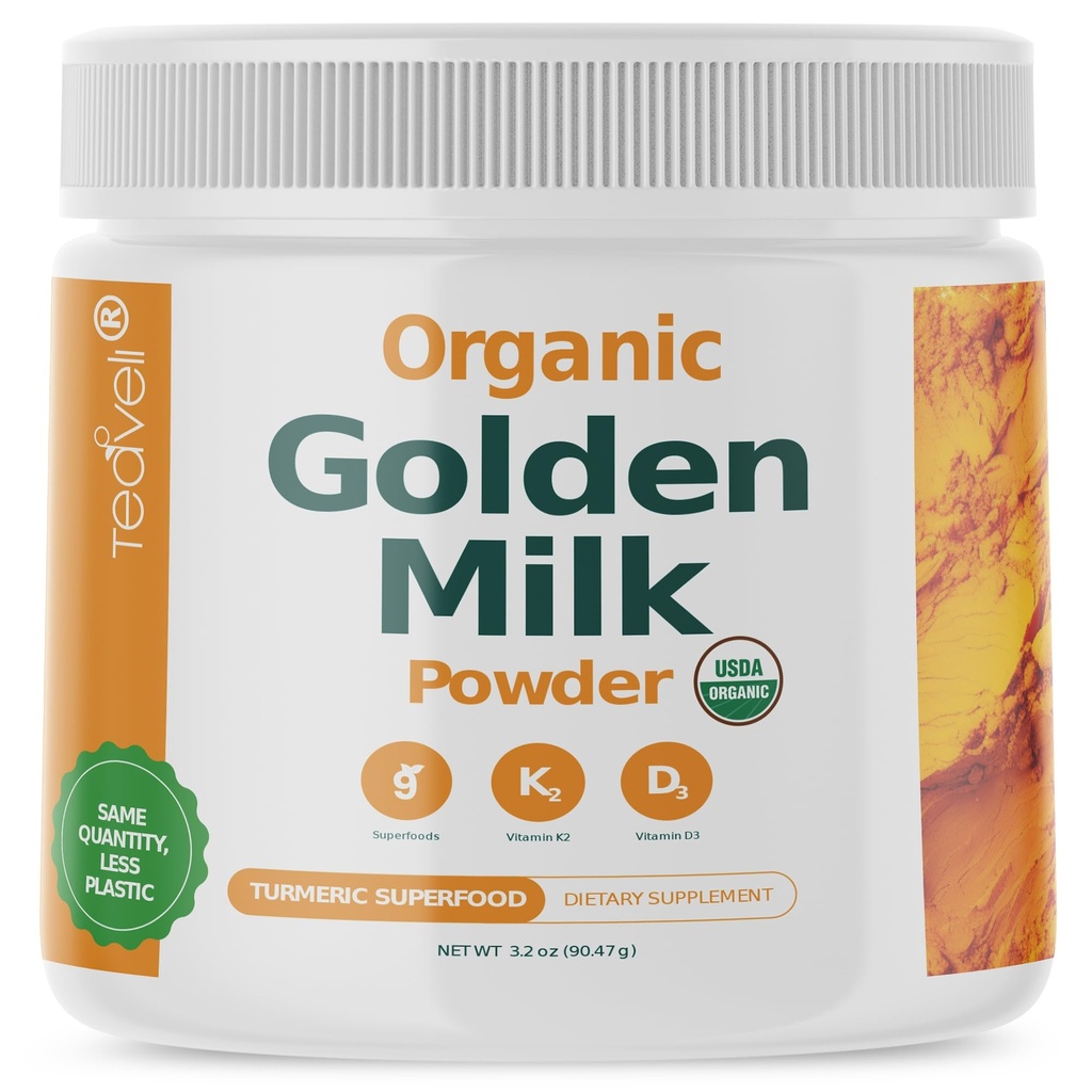 Bio-Goldene Milchpulver mit Vitaminen D3 & K2, Kurkuma, Ginger, Curcumin, Cinnamon, KSM66 Ashwagandha, Heilige Basilikum & Natürliche Präbiotika– Delicious Unsweetened Turmeric Tea Latte- 30 Servierungen
