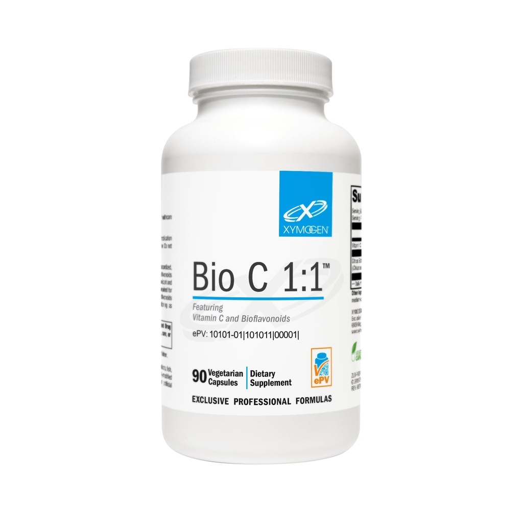 XYMOGEN Bio C 1:1 - Supplément de vitamine C de haute puissance avec les bioflavonoïdes d'agrumes - Antioxydant + support immunitaire, favorise la synthèse collagène (90 capsules de vitamine C)