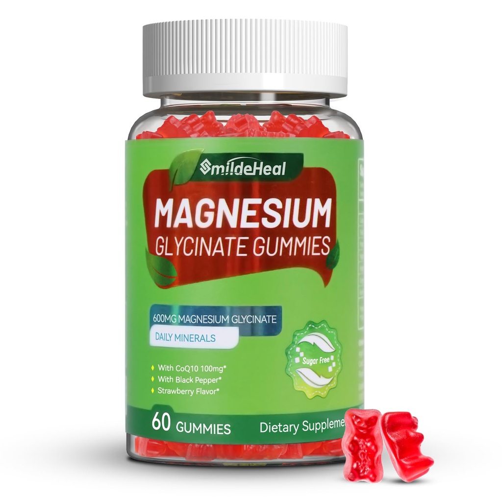 Magnesium Glycinat Gummi 600mg für Damen und Herren, mit Magnesium L-Threonate 300mg, CoQ10 und Schwarzer Pfeffer, Vegan (60 Count)