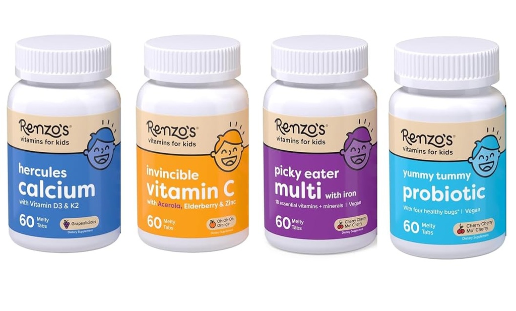 Renzo's Vitamine Kid Essential Bundle - Probiotic, Vitamin C mit Elderberry & Zink für Immununterstützung, Picky Eater Kids Multivitamin, und Hercules Calcium
