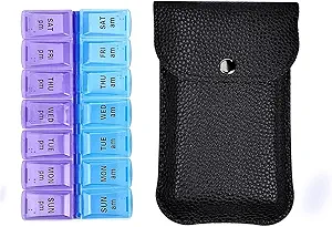 VOFOON Travel Pill Organizer 2 fois par jour, PU Leather Portable Pill Case pour femmes/hommes, 7 jours AM PM Pill Box with Travel Pouch Medicine Organizer for Vitamines Medicine Fish Oils Suppléments (Small)