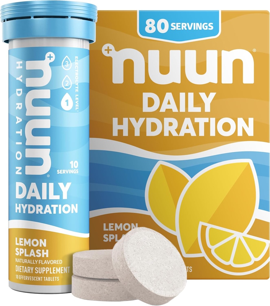 Nuun Daily Electrolyte Tablets mit Magnesium, Calcium, Kalium, Chloride & Natrium, Glutenfrei, Sugar Free, & Vegan, Lemon Splash Flavor, 8 Pack (80 Portionen insgesamt)