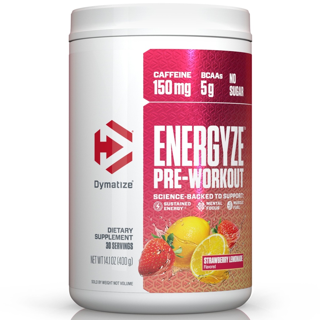 Dymatize Energyze Pre polvere di allenamento per gli uomini e le donne, limonata di fragole, 150 mg di caffeina, 5g BCAA, miscela di prestazioni di L-teanina, L-tirosina, L-citrullina, No Sugar (30 Servings)