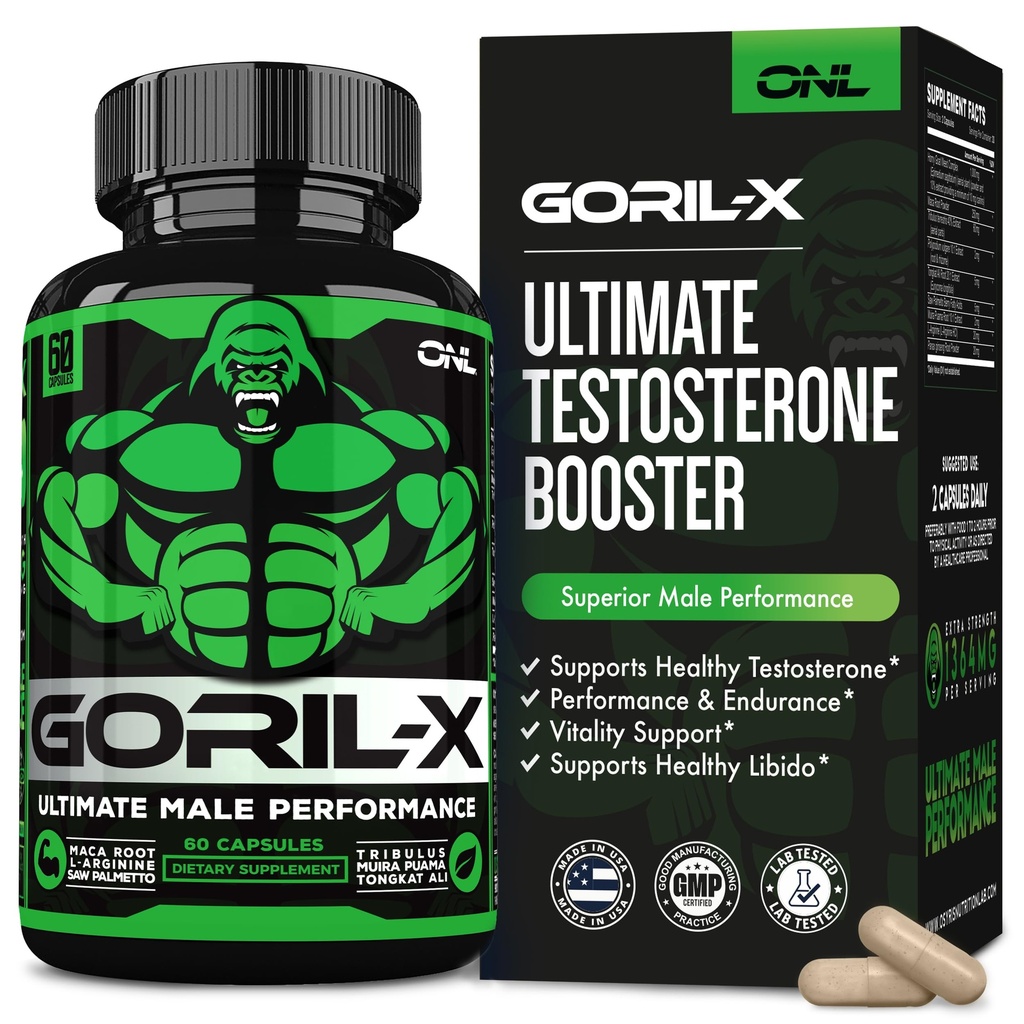 GORIL-X Testosteron-Booster für Männer - Workout Testosteron-Ergänzung - Erhöhen Sie Größe, Stärke & Energie - 1000mg männliche Steigerung Horny Ziegen Unkraut - Maca Root, Tongkat Ali & Tribulus Terrestris 60 Caps