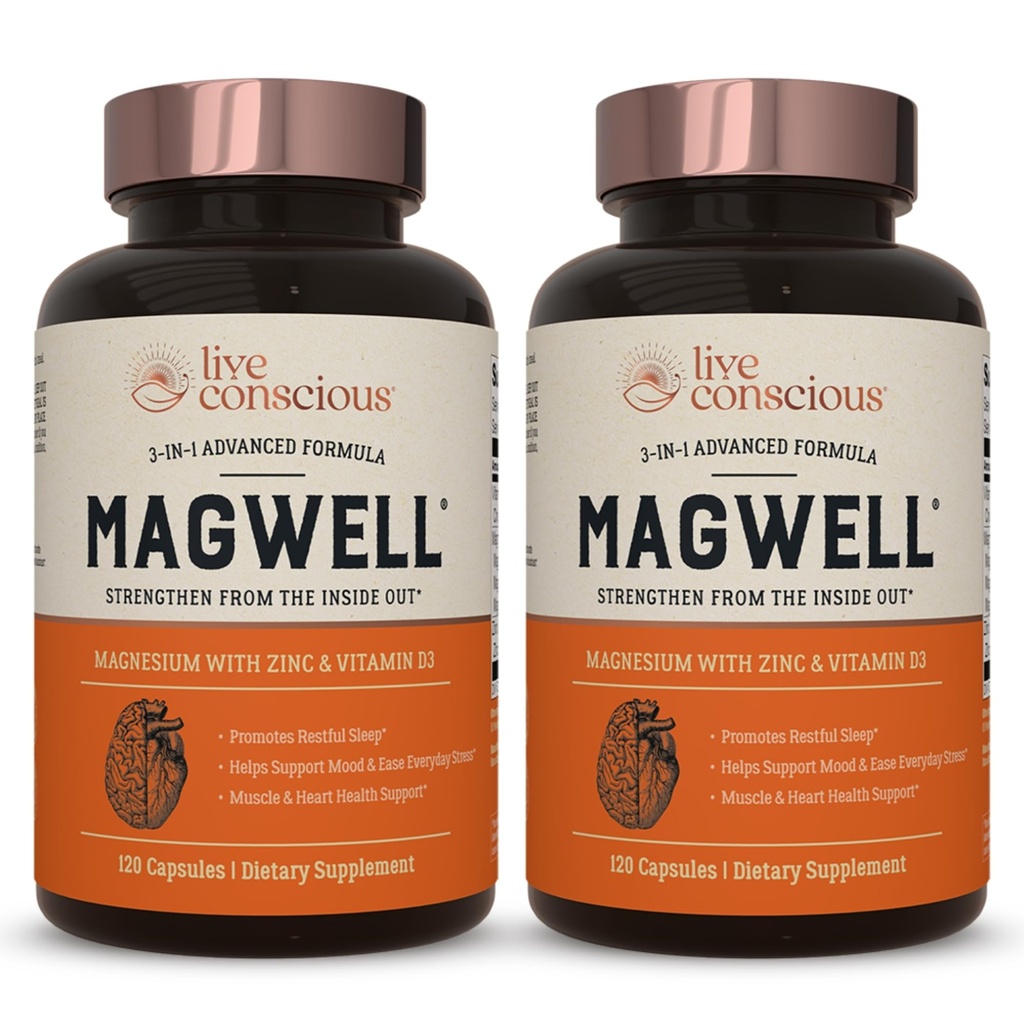 Live Conscious Magnesium Zink & Vitamin D3 - Bioverfügbare Formen von Magnesium - Malat, Glycinat, Citrat - Mag BonWelle & Herz Gesundheit, Immunsystem Unterstützung - 120 Kapseln (2-Pack)