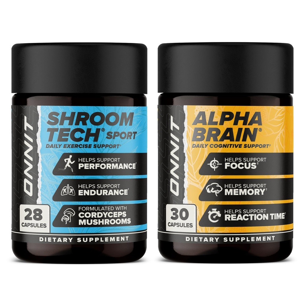 ONNIT Premium Alpha Brain Bundle - Nootropic Brain Supplement (30 Conte) per Focus, Concentrazione e Memoria + Shroom Tech Sport per Esercizio, Energy & Cardiovascular Performance (28 Conte)