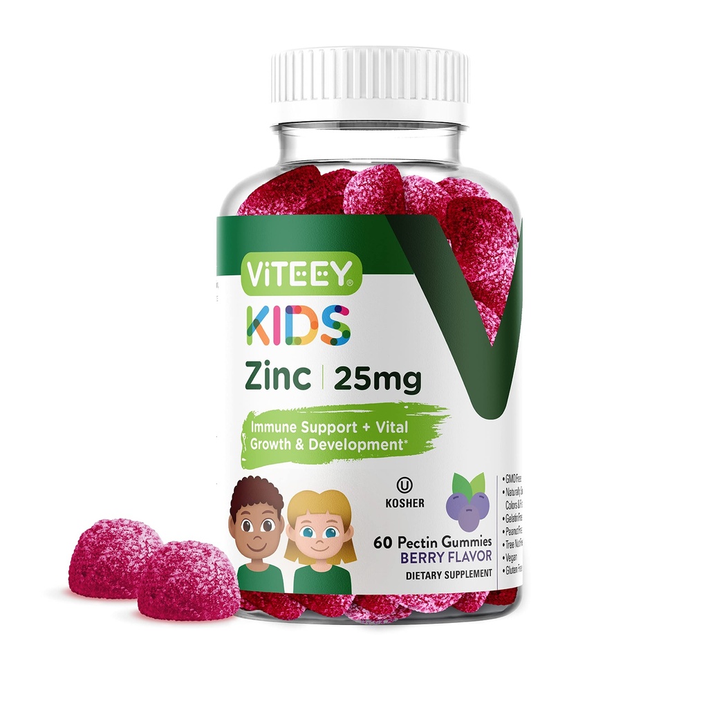 Viteey Zinc for Kids Gummies, 25mg - Supporto immunitario - Potente Antiossidante Naturale, Integratore di Vitamina di Zinco per Bambini - Vegan, Gelatin Free, Gluten Free - Gummia di Gummie di Gummies per Bambini