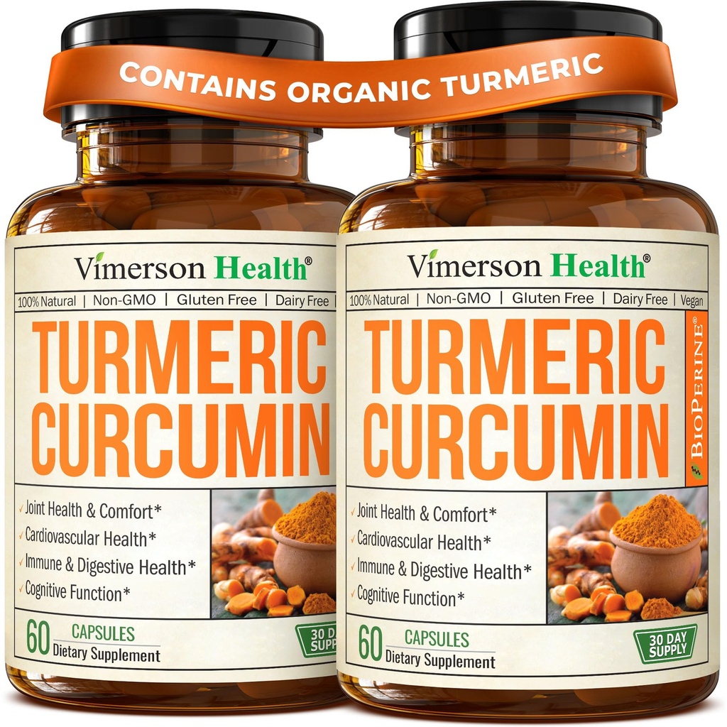Kurkuma Ergänzung mit schwarzem Pfeffer Extrakt - Hohe Potenz Organische Kurkuma 1200mg & 95% Curcuminoide für Joint & Digestive Health - Joint Support Supplement - 60 Curcuma Kapseln - 2 Pack