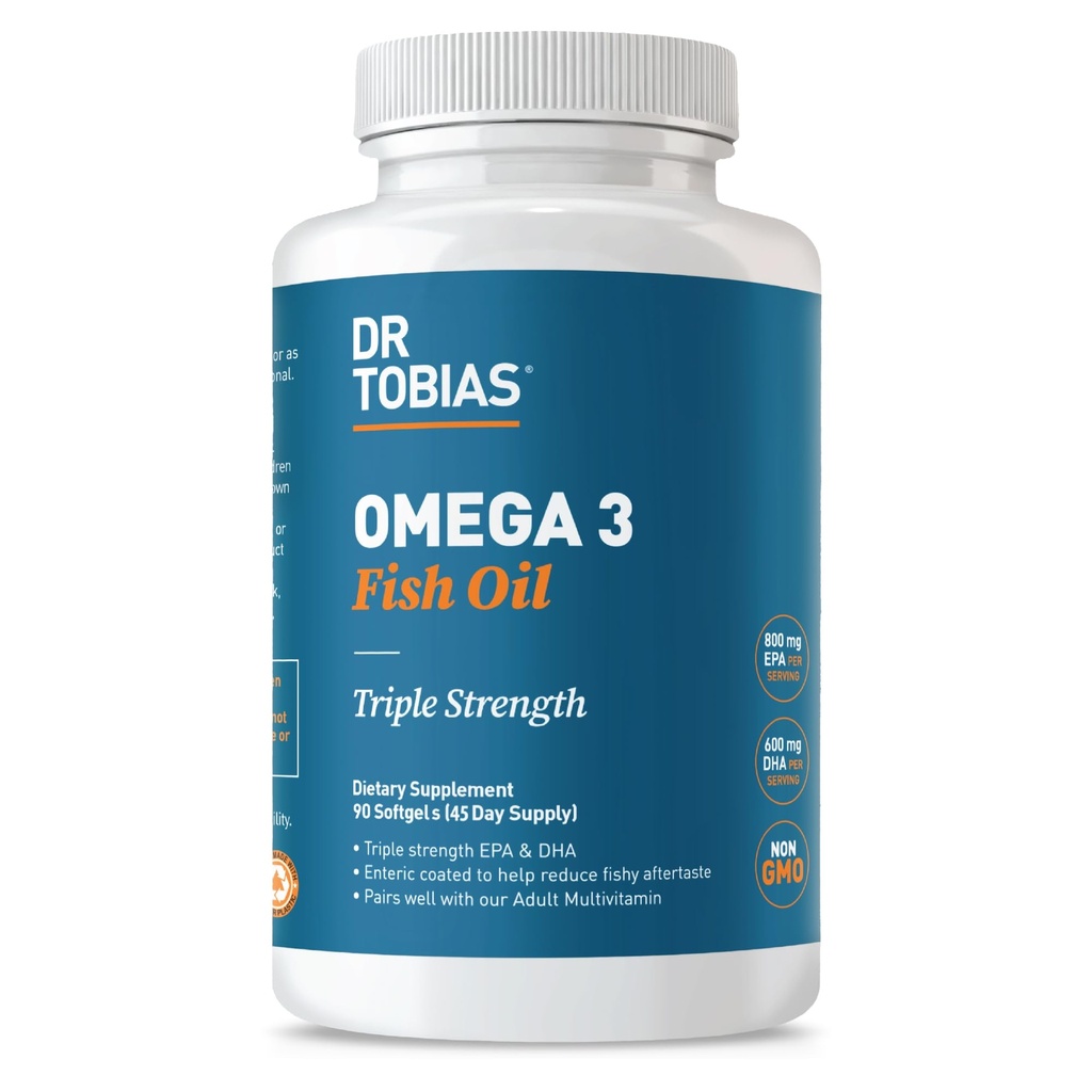 Dr Tobias Omega 3 Huile de poisson, 2000mg Triple Strength avec 800mg EPA 600mg DHA par service, Huile de poisson Omega 3 Suppléments pour le cœur, le cerveau et le soutien immunitaire, 90 Softgels, 45 portions