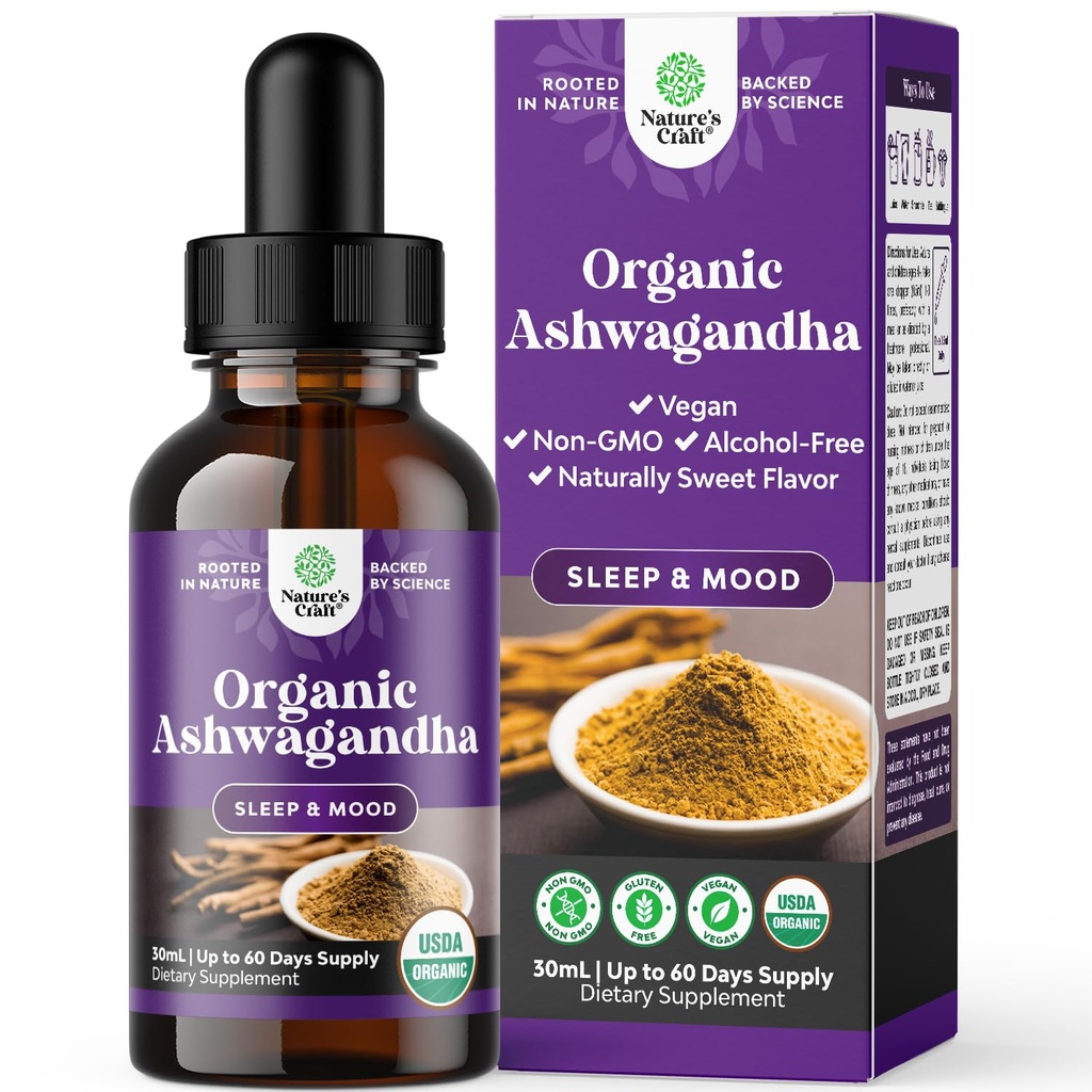 USDA Organic Ashwagandha Liquid Drops - Ashwagandha Root Extract for Stress and Mood Support - Delicious Pure Adaptogen Drops für Erwachsene - Alkoholfreie Kräutertees für Rest - 30 ml Flasche