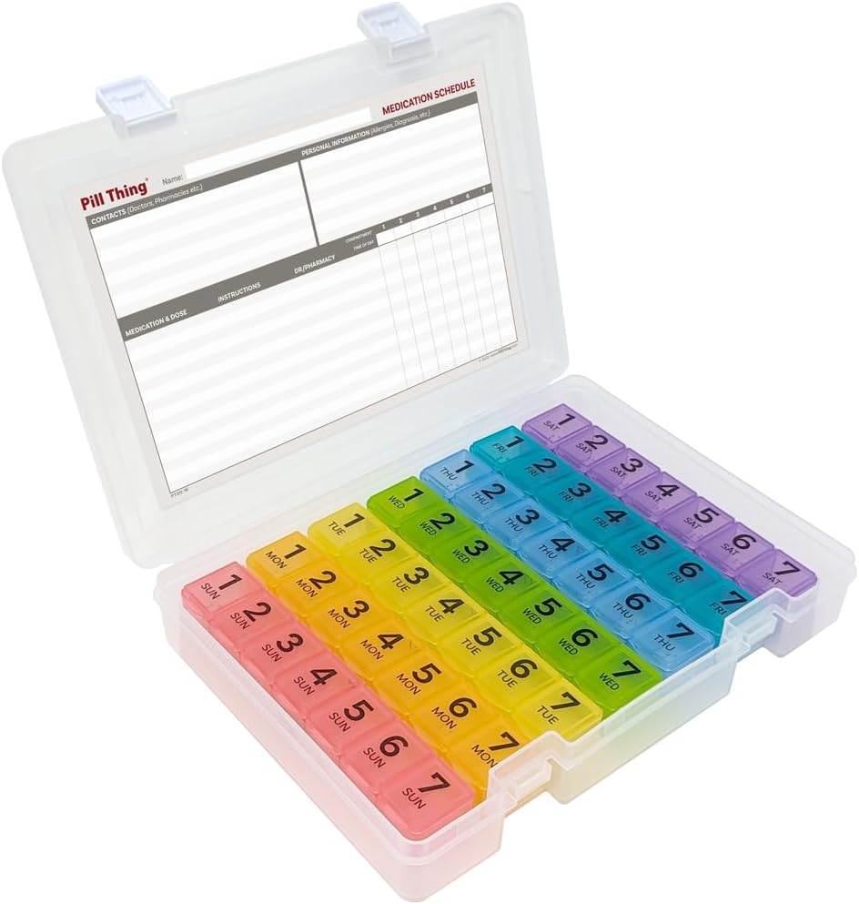 7 fois par jour hebdomadaire Pill Box Organizer Case, sécurisé 7X Pillbox avec calendrier de médicaments, comprend abonnement à vie premium à l'application Medisafe (7 fois par jour)