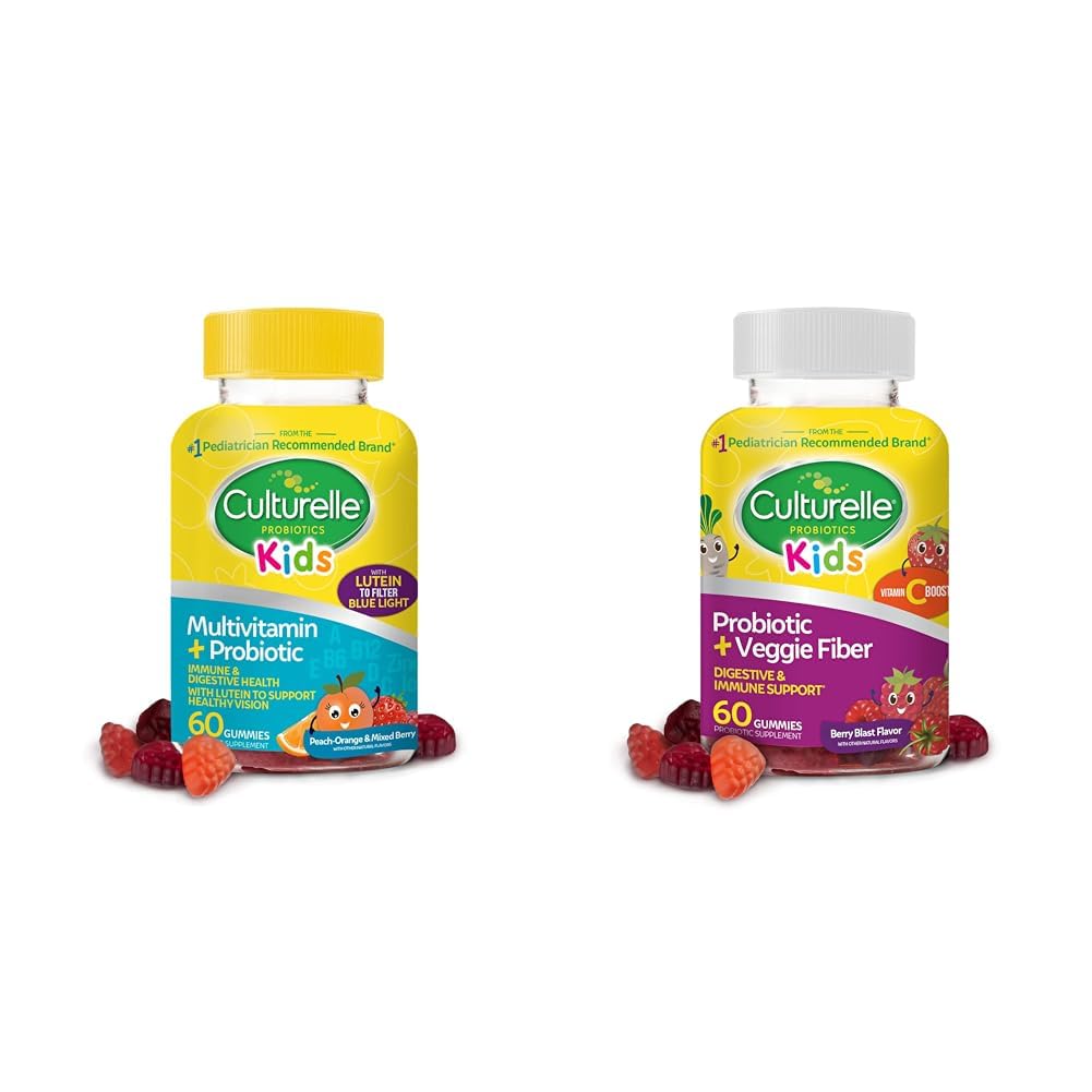 Culturelle Kids Probiotic Gummies for Ages 2+ - Peach-Orange & Mixed Berry Flavors & Daily Probiotic for Kids + Veggie Fiber Gummies (Ages 3+) - 60 Count - Digestivo