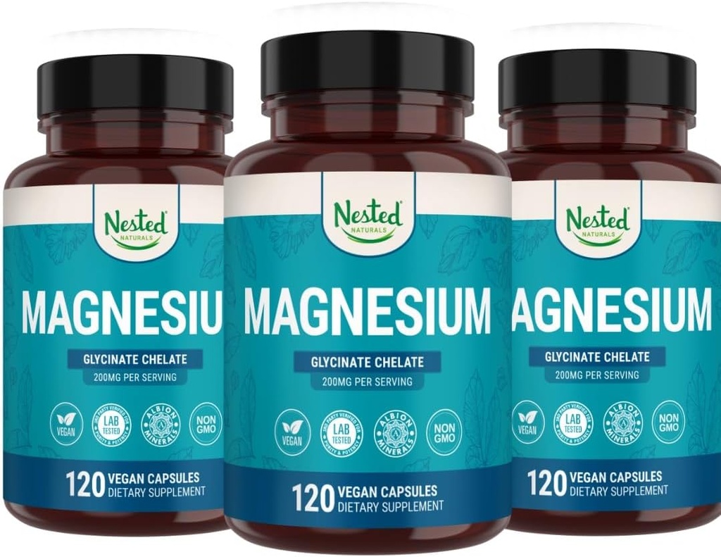 Nested Naturals Magnésium Glycinate Chélate de Magnésium Supplément de Magnésium pour Crampes musculaires, Relaxation, et Soutien du sommeil.