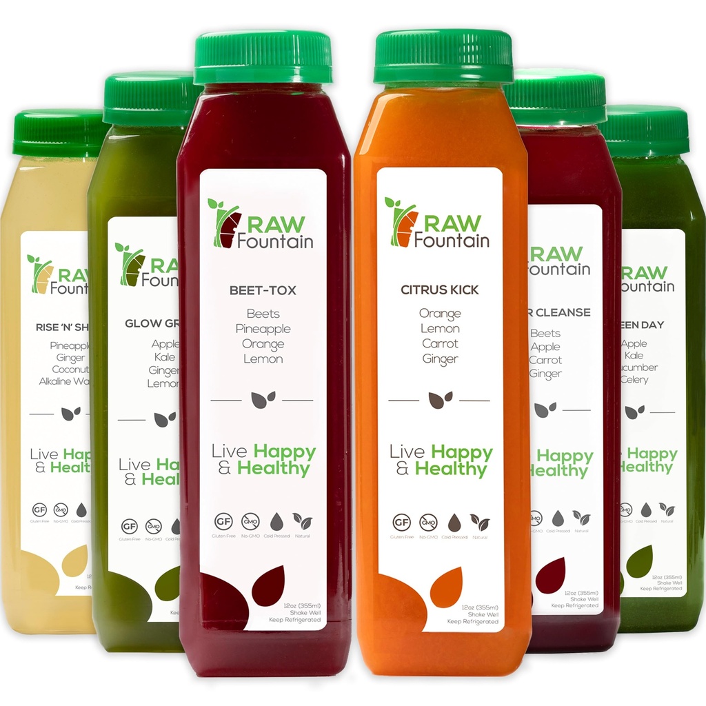 1 Day Juice Cleanse by Raw Fountain, All Natural Raw Detox Cleanse, Juicing for Body Reset, Kaltgepresster Saft Schnell, Großer Weg zum Jumpstart einer gesunden Ernährung 6 Flaschen 12oz