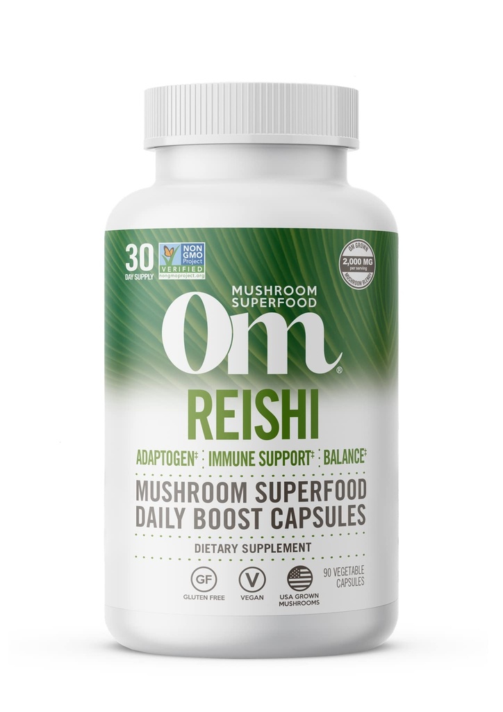 OM MUSHROOM SUPERFOOD Reishi Capsules de champignons Superfood Supplément, 90 Compte, 30 jours, Adaptogène organique pour le soulagement du stress et la santé immunitaire