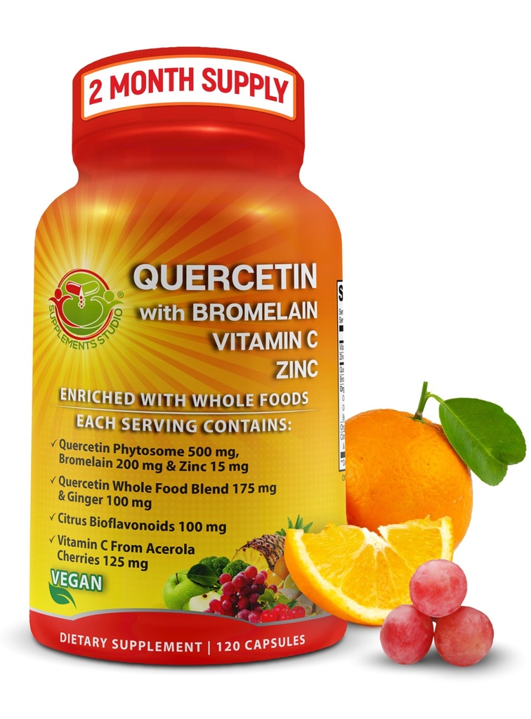 Quercetina con vitamina C e zinco Bromelain Arricchito con alimenti integrali biologici - 1215mg per porzione - Quercetin Phytosome 500mg Capsule con Ginger e Flavonoidi per il supporto immunitario - 120 Conte
