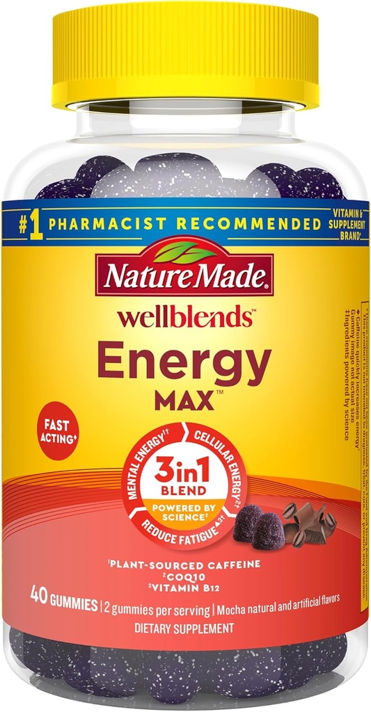 Natura fatta Wellblends EnergyMAX Gummies, Caffeina ad azione rapida, CoQ10 & Vitamina B12 1000mcg, Energy Support Gummy Vitamins, 40 Gummies