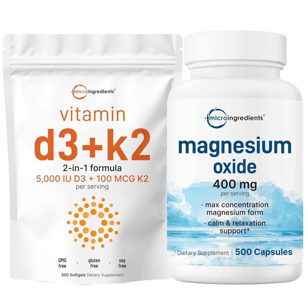 Micro Ingredients Vitamin D3 5.000iu + K2 100mcg Softgels & Magnesiumoxid 400mg Bundle Pack | Essential Sunshine Vitamins | Elementarform für Max Konzentration
