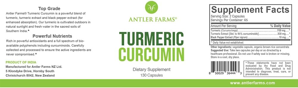 Antipasto Farms – 100% Pure curcurico curcumina, 130 capsule, 95% Curcuminoidi & Estratto di pepe nero, Assorbimento potenziato – Vegan, Non OGM, Senza glutine, Soia o latticini