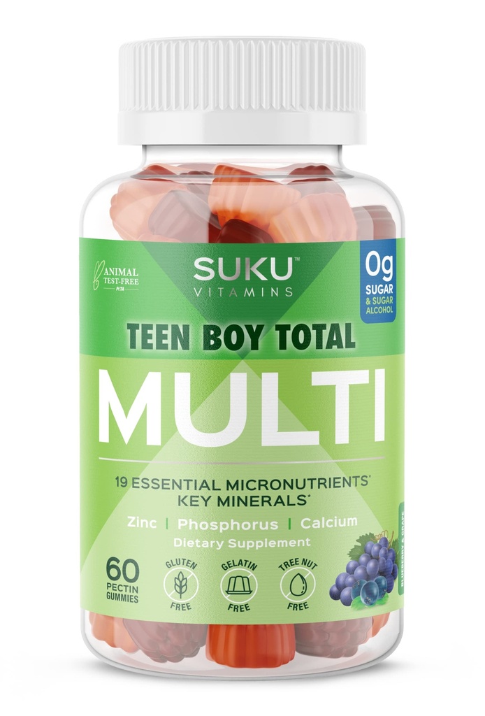 SUKU Teen Boy Multivitamin Gummis – Vitamine A, B12, C, D3, E, Zinc & Biotin – Zuckerfreie vegetarische Ergänzung für Energie, Wachstum, Immun- & Knochen-Gesundheit – Grape Flavor – 60 Count