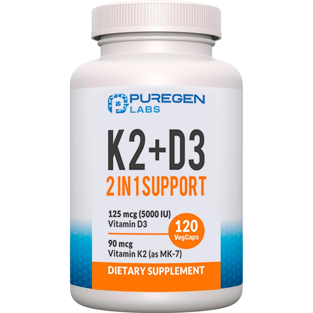 2 en 1 Formule de haute puissance 90mcg Vitamine K2 (MK7) et 5000 UI Vitamine D3 Supplément I Formule non-OGM, facile à avaler Complexe Vitamine D & K, 120 Capsules I 4-Mois