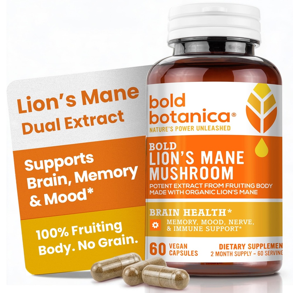 Bold Botanica Lion’s Mane Mushroom Capsules - 100% Fruchtkörper – Konzentrierte Bio Lion’s Mane Extracts – Nootropic Brain Health – Gedächtnis, Stimmung, Immununterstützung – 60 Vegan Kapseln