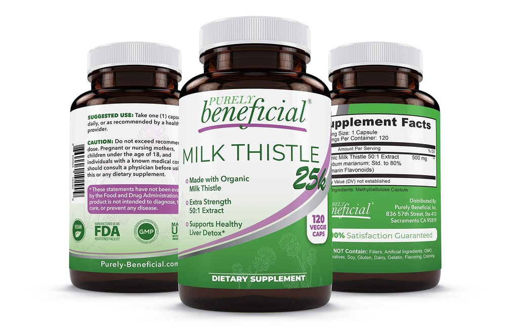 Capsules de chardon de lait biologique, 50:1 extrait de chardon de lait, nettoyage du foie et soutien antioxydant, 120 capsules de légumes, végétalien et non-OGM